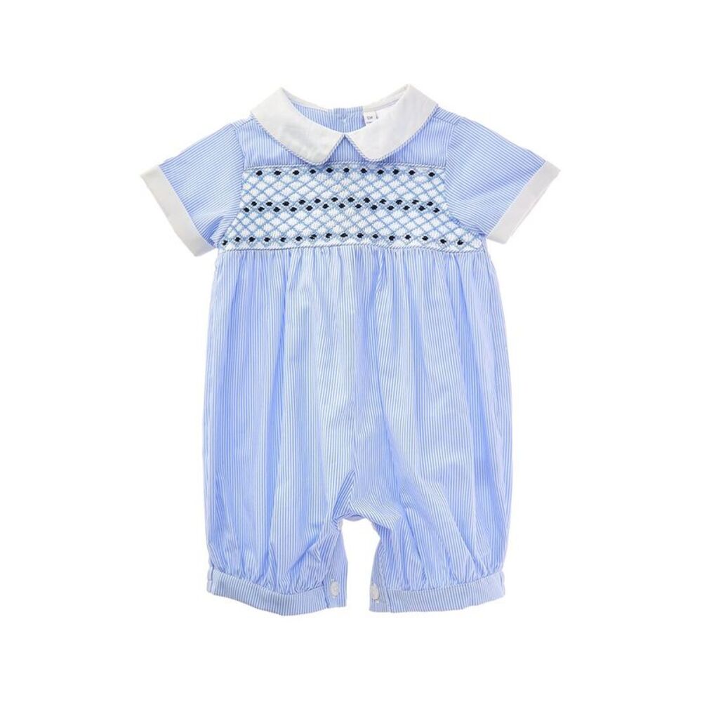 Rachel Riley Girls  Striped Smocked Babysuit, Blue